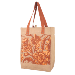 38W x 37h x 12AG JUTE BAG WITH FLORAL PRINT AND CONTRAST HANDLES